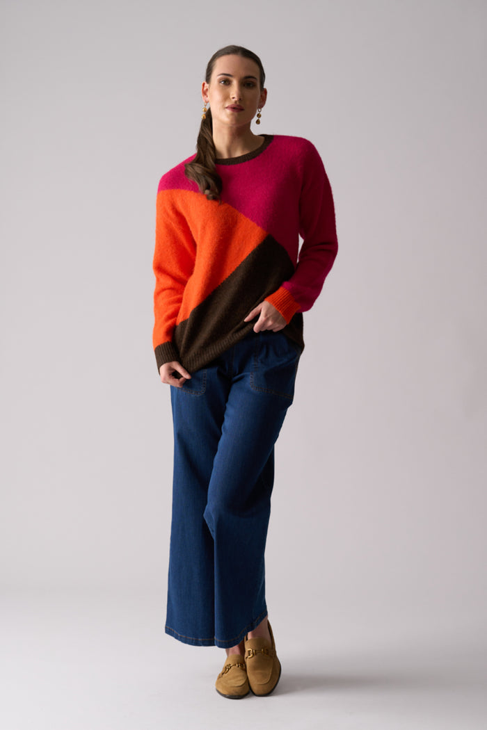 Foil FO8438 Bright Spark Jumper Pink Multi worn by model. Shop Foil at Dotique