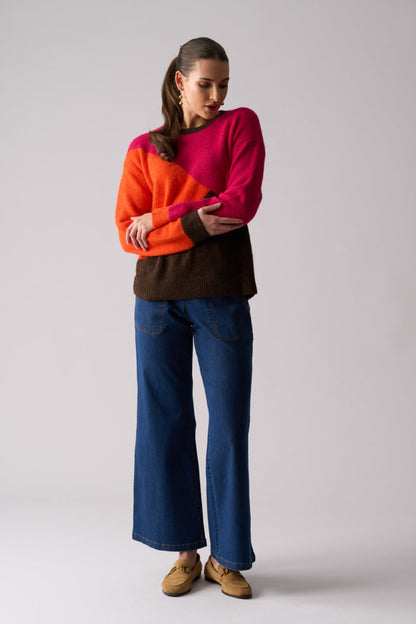 Model wearing Foil FO8438 Bright Spark Jumper Pink Multi. Shop Foil at Dotique