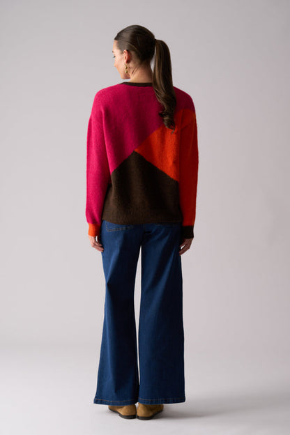 Back view of Foil FO8438 Bright Spark Jumper Pink Multi on model. Shop Foil at Dotique