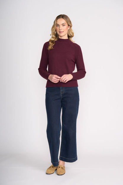 Model wearing Foil FO8457 Tread Carefully Jumper Black Cherry. Shop Foil at Dotique