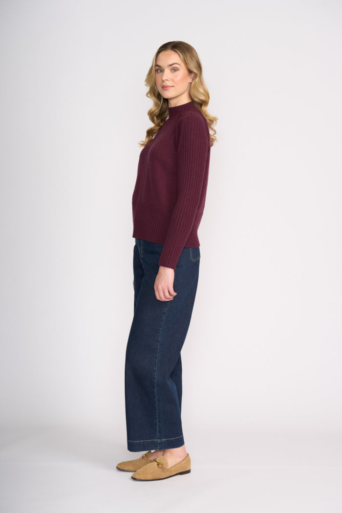 Model wearing Foil FO8457 Tread Carefully Jumper Black Cherry. Shop Foil at Dotique