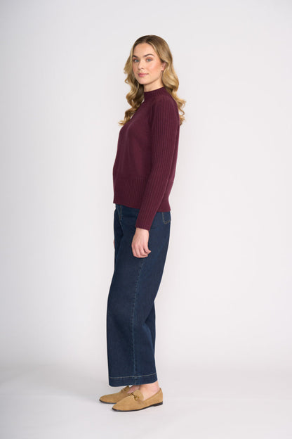 Model wearing Foil FO8457 Tread Carefully Jumper Black Cherry. Shop Foil at Dotique