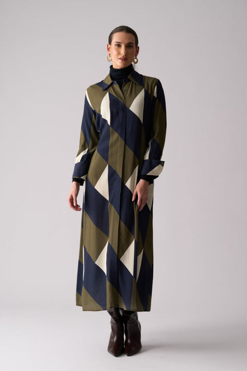 Model wearing Foil FO8501 Maximum Impact Dress Mod Geo. Shop Foil at Dotique