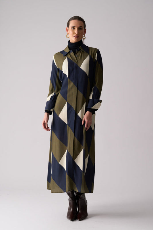 Model wearing Foil FO8501 Maximum Impact Dress Mod Geo. Shop Foil at Dotique