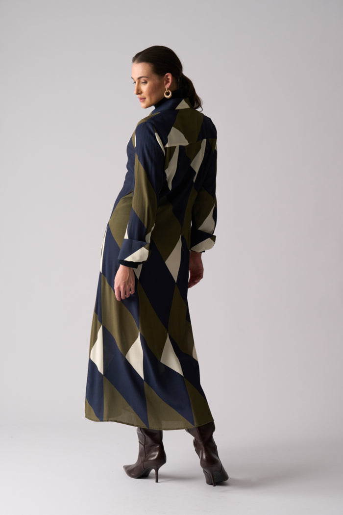 Model wearing Foil FO8501 Maximum Impact Dress Mod Geo. Shop Foil at Dotique