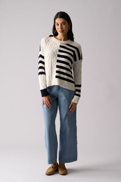Model wearing Foil FO8516 Line Theory Jumper True Navy Mix. Shop Foil at Dotique