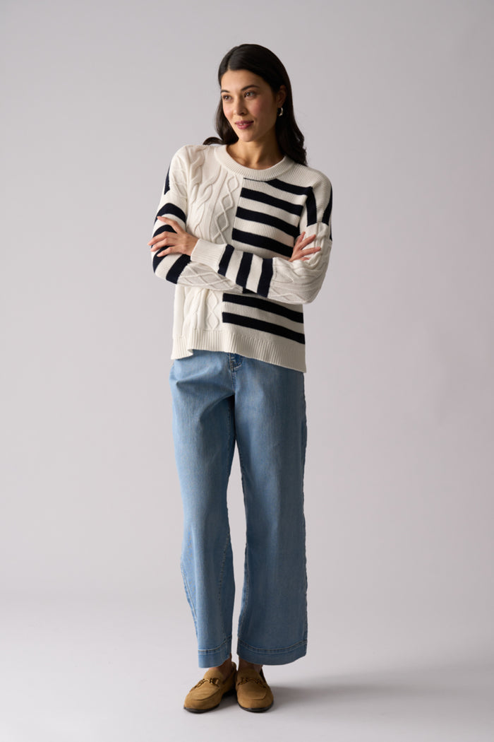 Model wearing Foil FO8516 Line Theory Jumper True Navy Mix. Shop Foil at Dotique