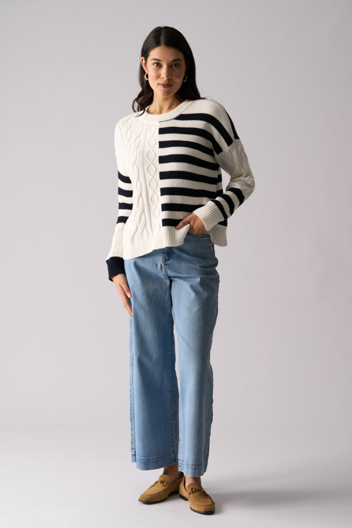 Model wearing Foil FO8516 Line Theory Jumper True Navy Mix. Shop Foil at Dotique
