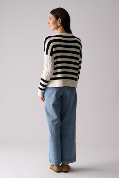 Three quarter back view of model wearing Foil FO8516 Line Theory Jumper True Navy Mix. Shop Foil at Dotique