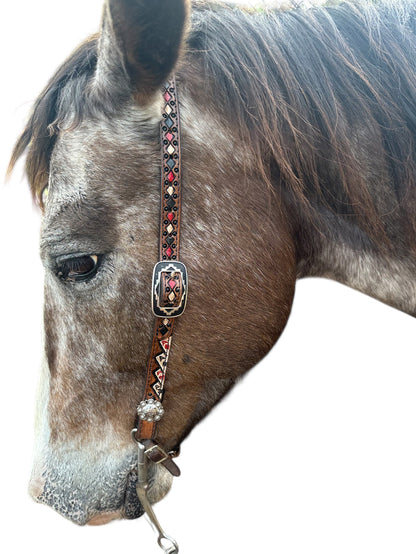 Four aces Hand painted and tooled  leather Headstall horse size