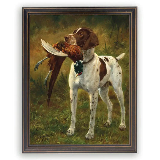Framed Vintage Dog with Pheasant Oil Painting Reproduction 18x24