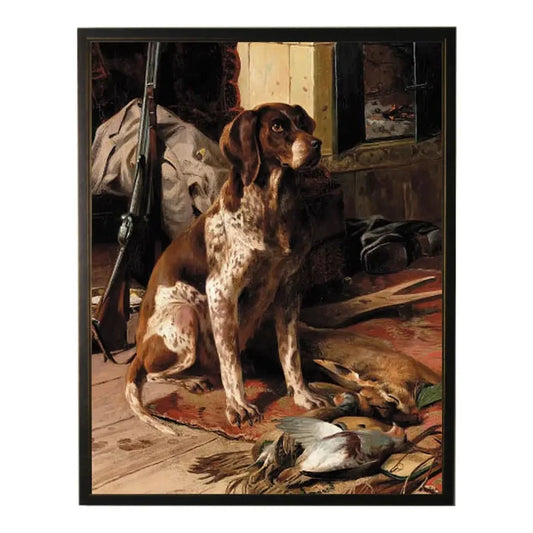 Framed Vintage Hunting Dog and Bird Oil Painting 18x24