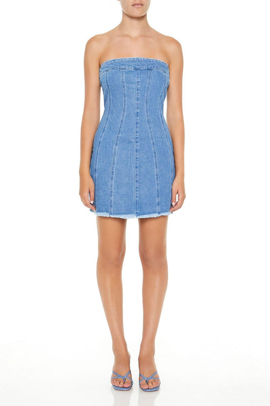Frayed Denim Tube Mini Dress