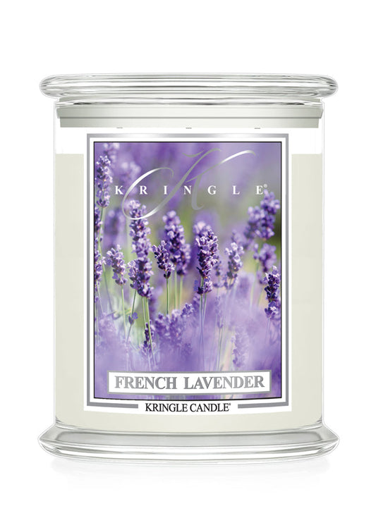 Kringle Candle French Lavender candle with lavender design on a white background