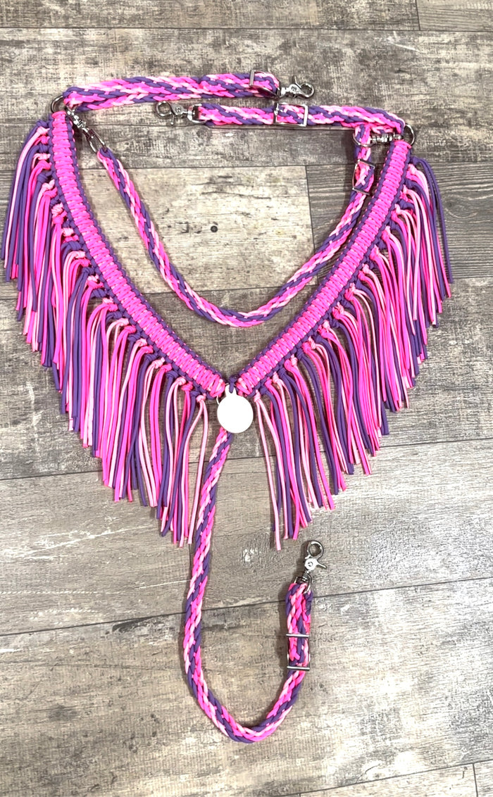 fringe breast collar neon hot pink and lilac with a wither strap