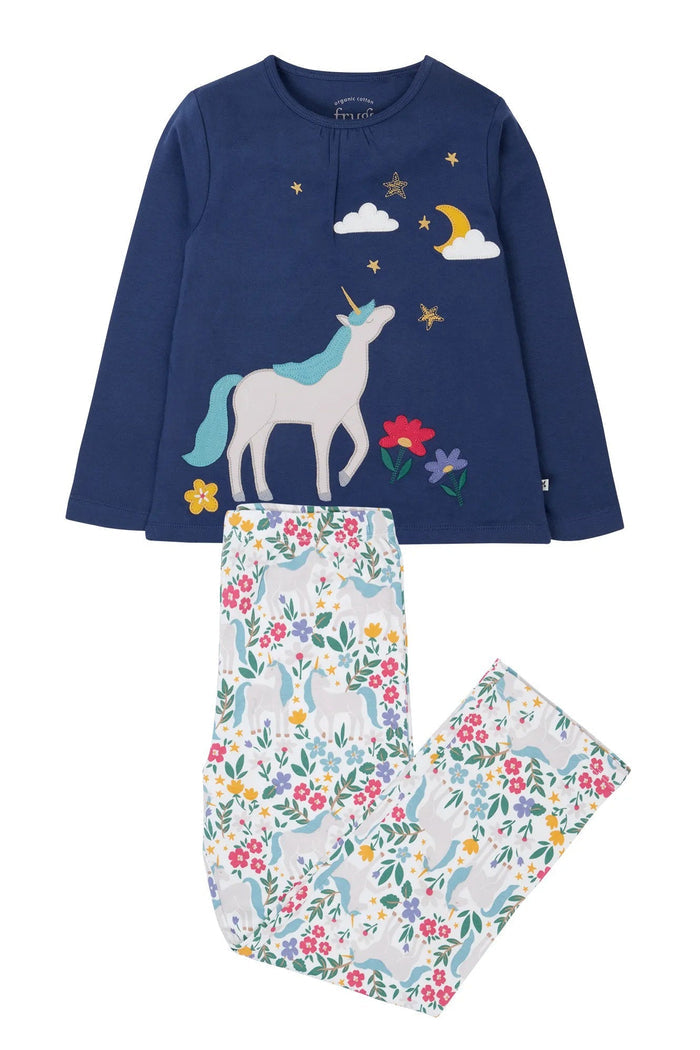 Children's pajama set with unicorn design on navy top and floral pants.