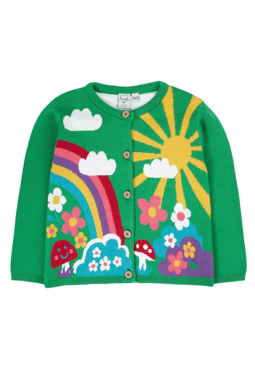 Colorful children's cardigan with rainbow, sun, flowers, and clouds on a white background
