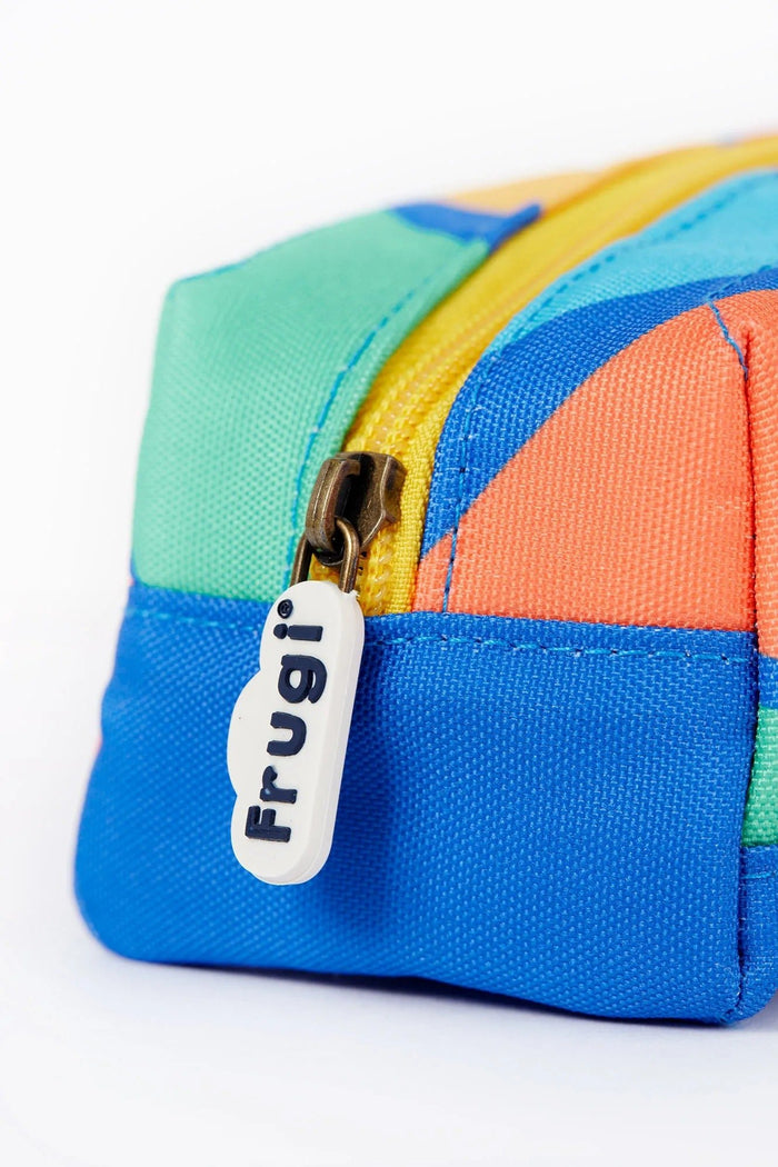 Colorful pouch with a zipper and 'Frugi' label on a white background