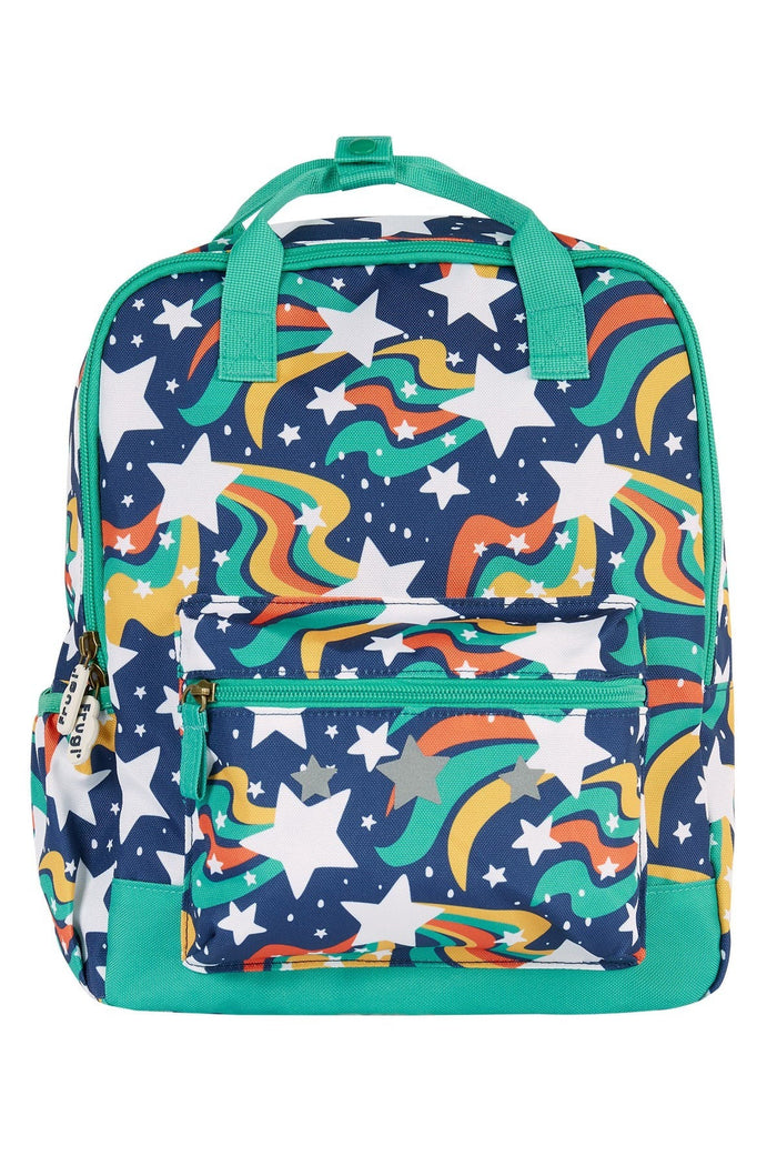 Backpack with star and rainbow pattern on a white background