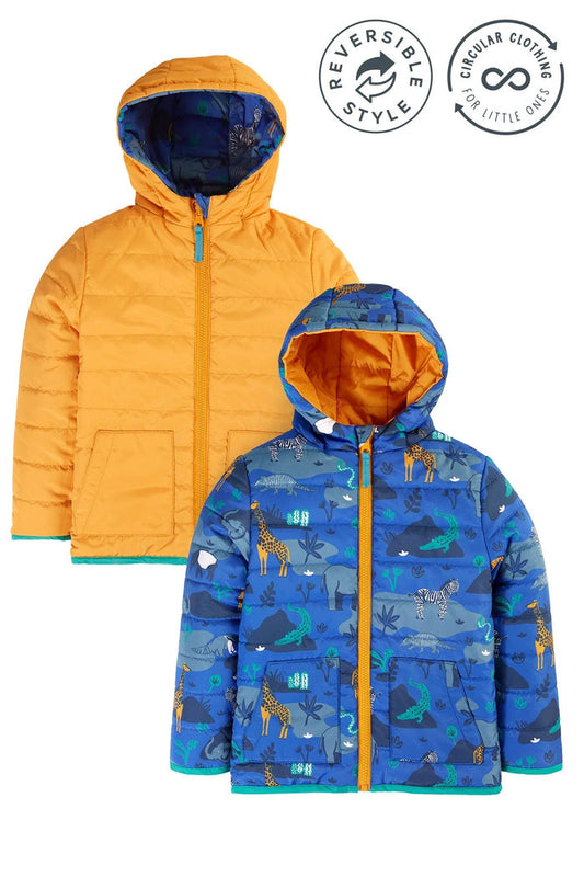Two children's jackets, one orange and one blue with animal pattern, on a white background.