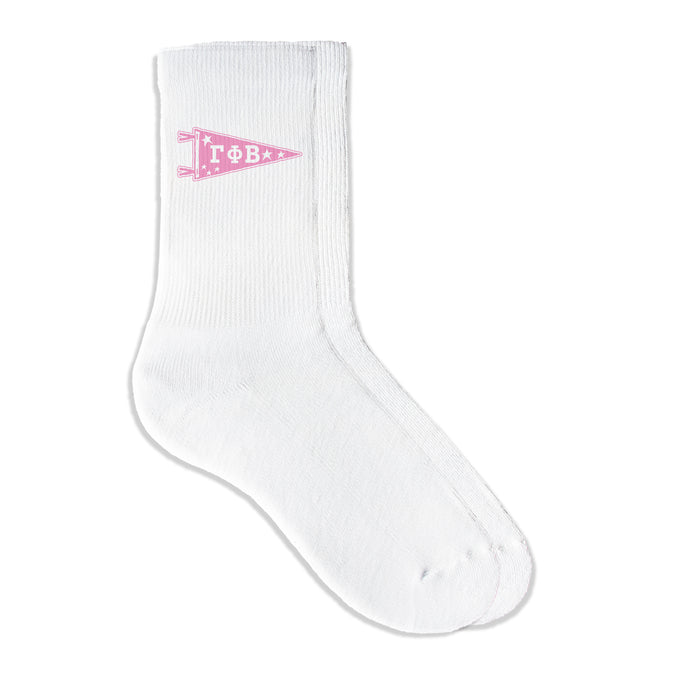 Gamma Phi Beta collegiate pennant crew socks featuring Gamma Phi Beta Greek letters on white sporty crew socks