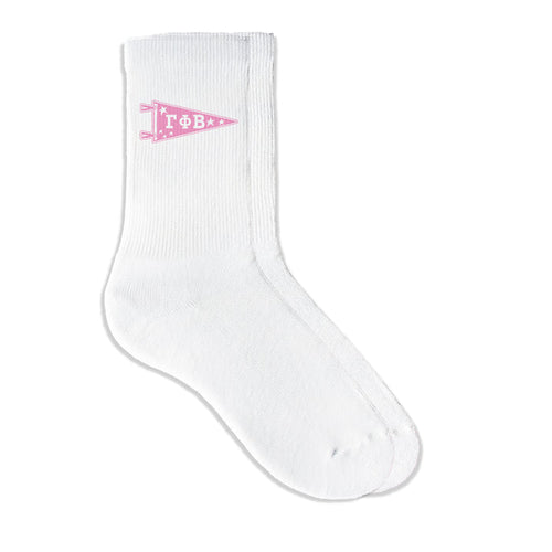 Gamma Phi Beta collegiate pennant crew socks featuring Gamma Phi Beta Greek letters on white sporty crew socks