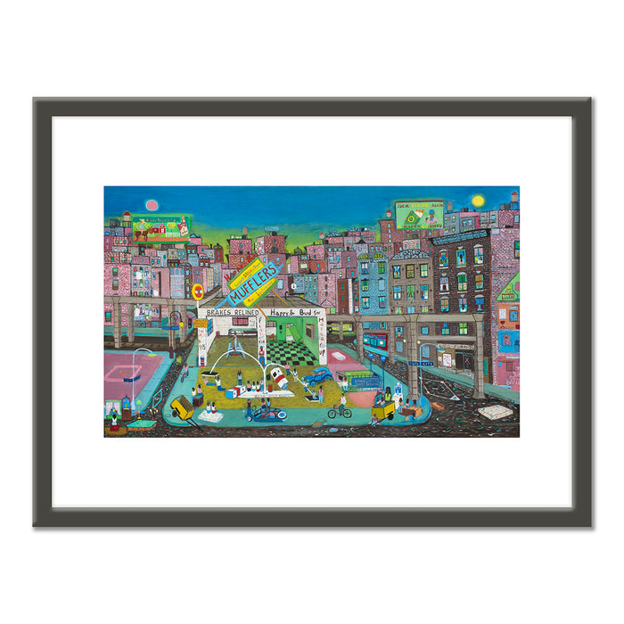 Ralph Fasanella, Gas Station Playground, 1983, Private Collection, Â© Estate of Ralph Fasanella. Art Prints with black frame in various sizes by Museums.Co