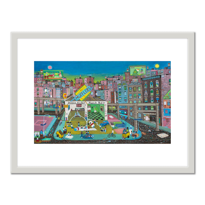 Ralph Fasanella, Gas Station Playground, 1983, Private Collection, Â© Estate of Ralph Fasanella. Art Prints with white frame in various sizes by Museums.Co