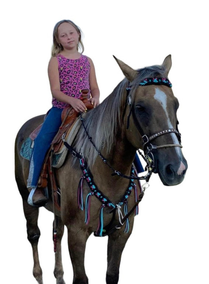 Gemstone fancy macrame  fringe breast collar with matching bridle, wither strap, and barrel reins - Tiffanys Braided Tack LLC
