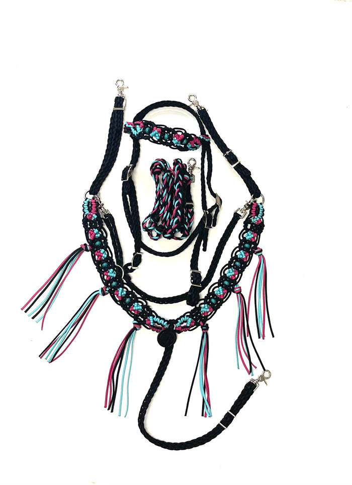 Gemstone fancy macrame  fringe breast collar with matching bridle, wither strap, and barrel reins - Tiffanys Braided Tack LLC