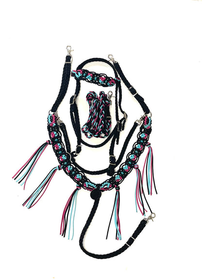 Gemstone fancy macrame  fringe breast collar with matching bridle, wither strap, and barrel reins - Tiffanys Braided Tack LLC