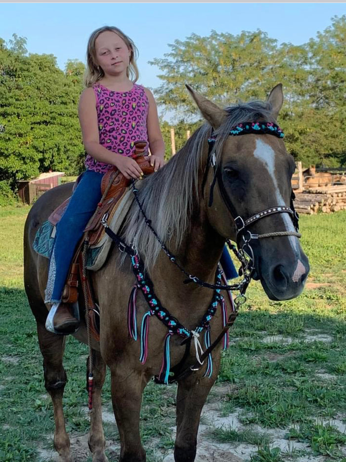 Gemstone fancy macrame  fringe breast collar with matching bridle, wither strap, and barrel reins - Tiffanys Braided Tack LLC