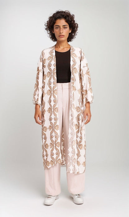 Geometric Print Open Front Long Cardigan - Beige & Brown