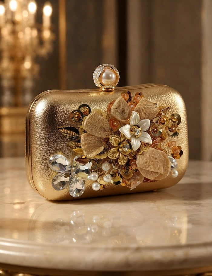 Gold Floral Clutch – Pearl Embellished Evening Bag