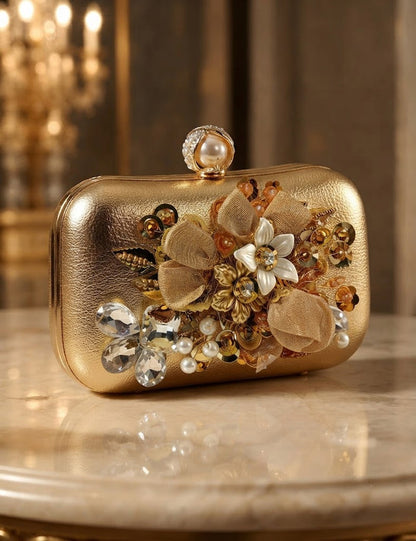 Gold Floral Clutch – Pearl Embellished Evening Bag
