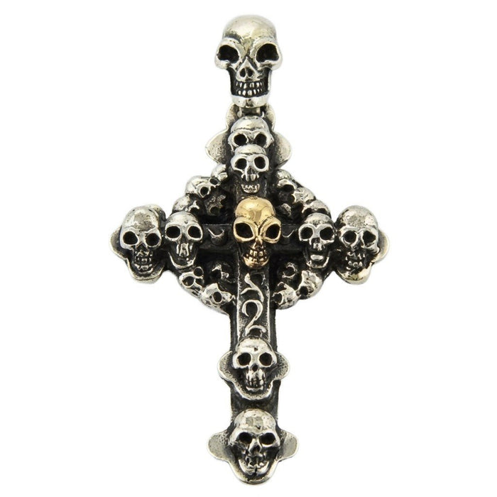 Front view of the oxidized sterling silver cross pendant featuring carved skulls and a central gold-tone skull accent
