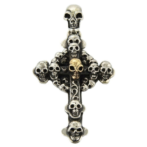 Front view of the oxidized sterling silver cross pendant featuring carved skulls and a central gold-tone skull accent