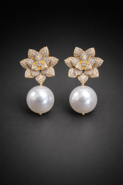 Golden Lotus Pearl Drop Earrings