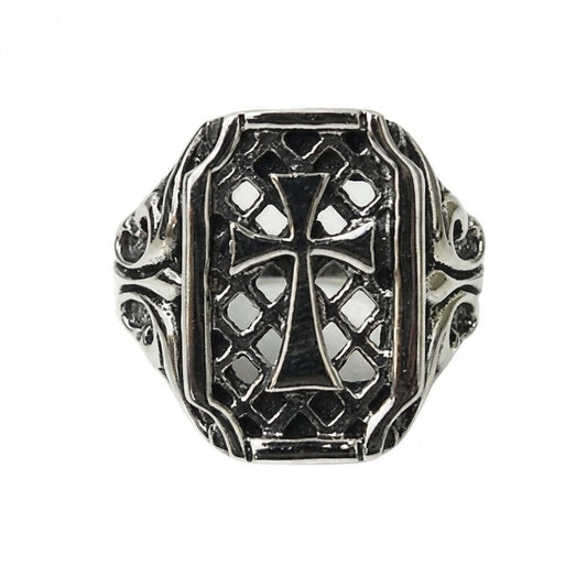 Front view of gothic cross sterling silver ring showing intricate lattice pattern and cross design