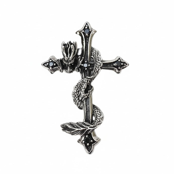 A large 3-inch gothic dragon cross pendant, handcrafted from solid 925 sterling silver.