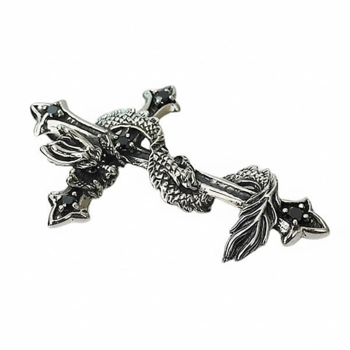 A detailed close-up of the dragon's scales and flames as it coils around the cross.
