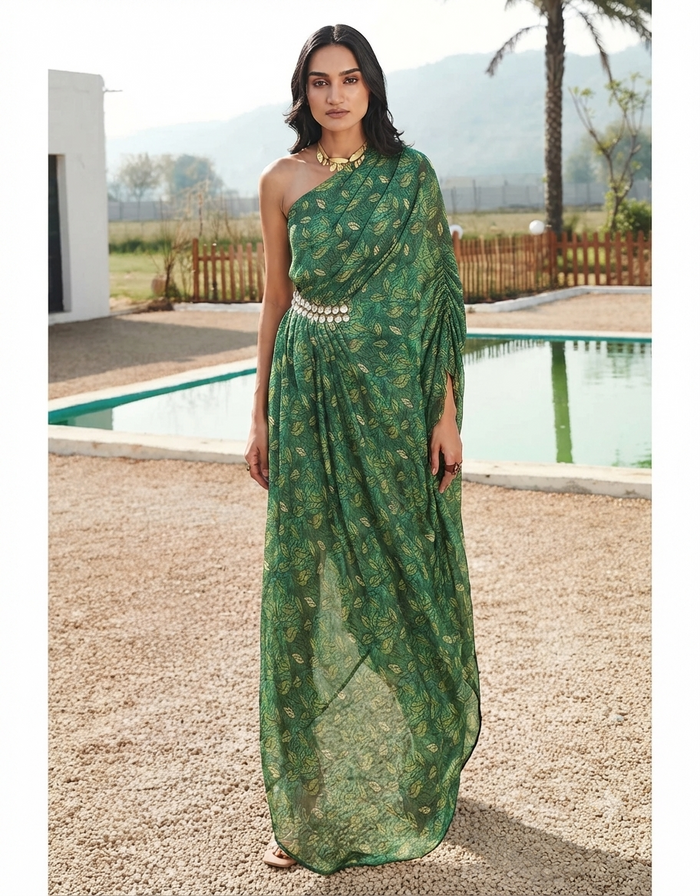 Green off-shoulder kaftan