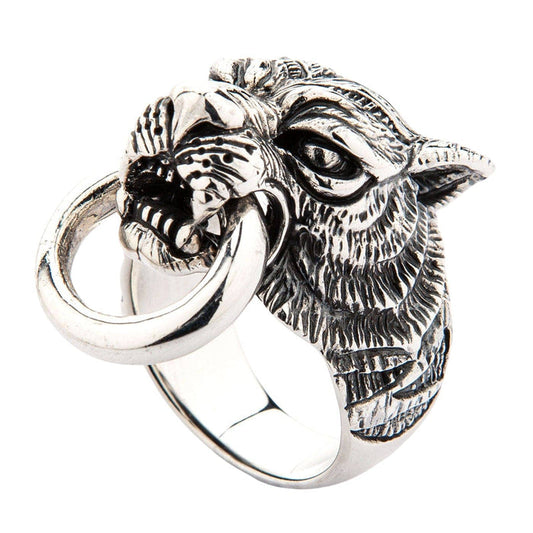 An angled view of the men's gothic biker tiger head ring in solid silver.