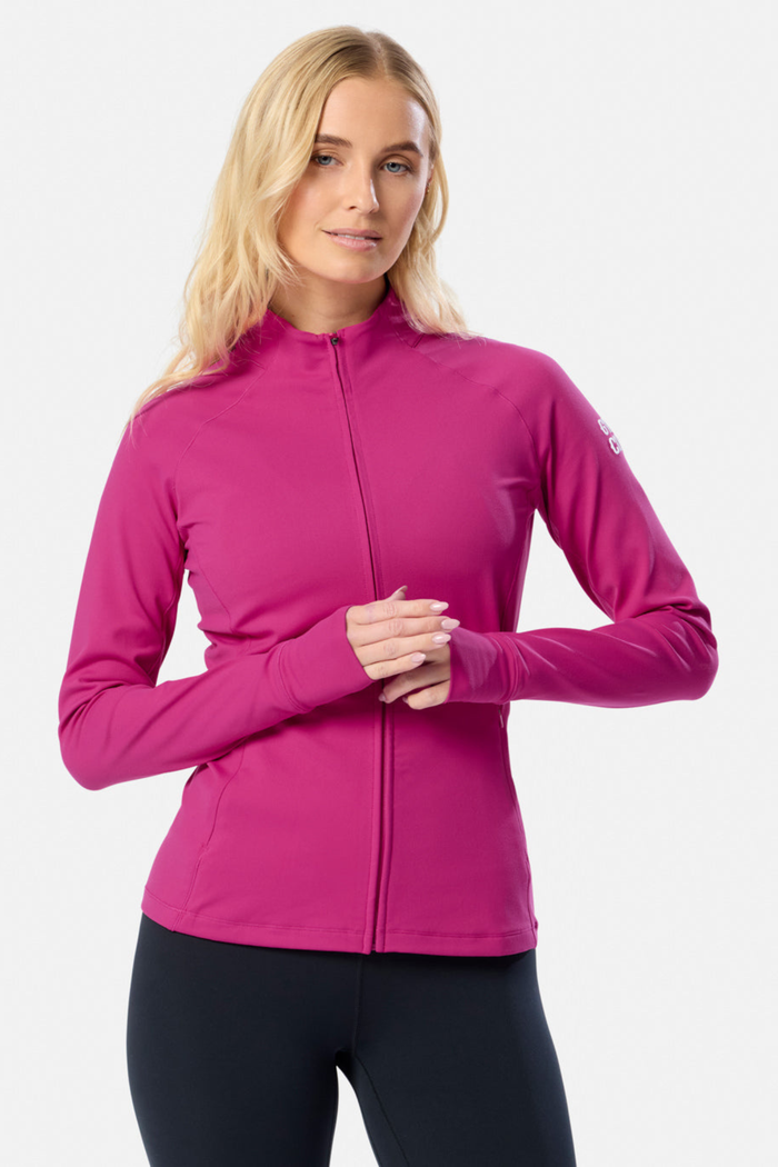 Gym+Coffee Relentless Full Zip Jacket in sunrise pink with four-way stretch and zipped pockets. A breathable, slim-fit layer for everyday wear. Shop at Dotique.