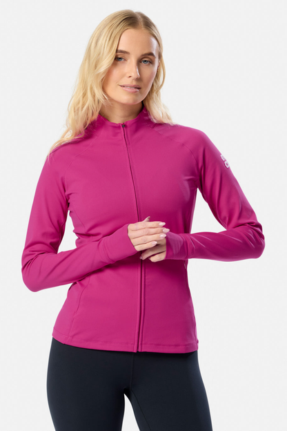 Gym+Coffee Relentless Full Zip Jacket in sunrise pink with four-way stretch and zipped pockets. A breathable, slim-fit layer for everyday wear. Shop at Dotique.