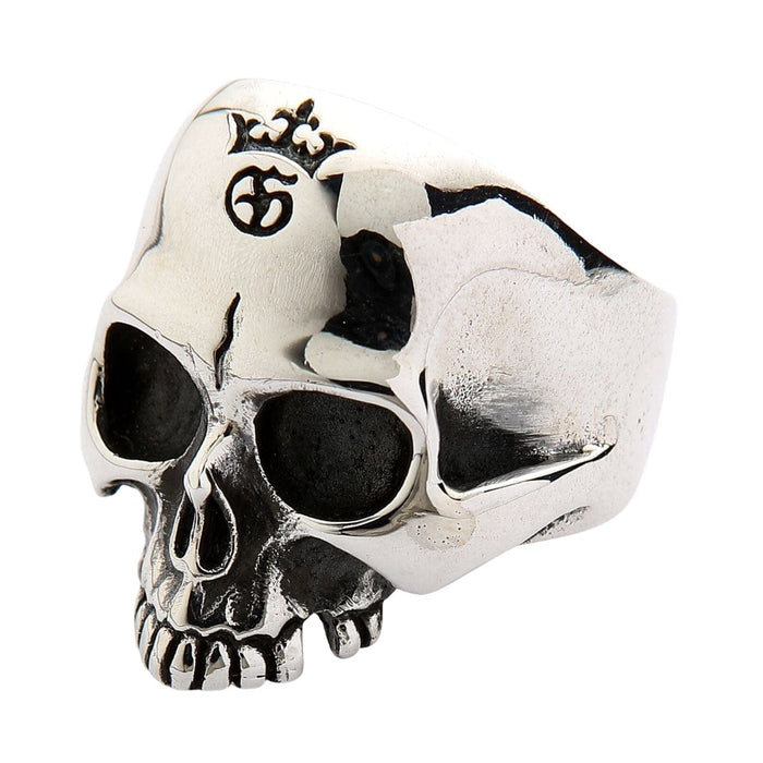 Half Jaw Skull Sterling Silver Biker Ring displaying dark oxidized eye sockets, upper teeth, and a forehead crown engraving.