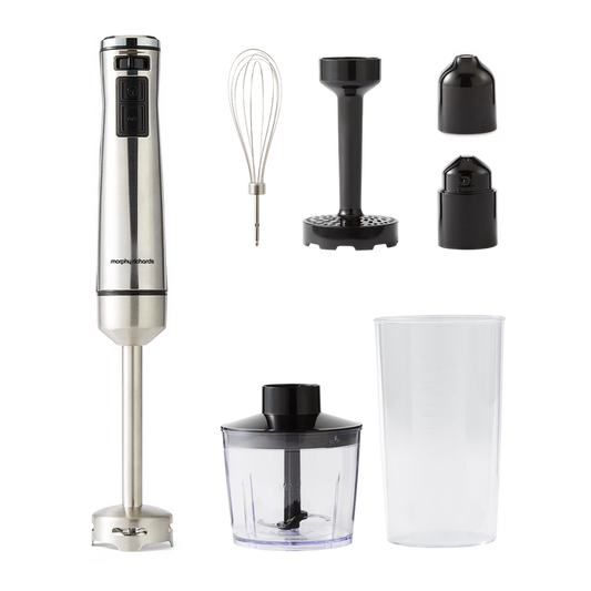 Hand blender with attachments on a white background