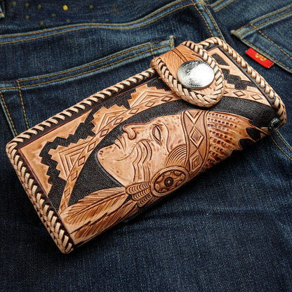 An angled view of the Indian chief wallet, highlighting the carved feather clasp and the plain silver-plated snap.