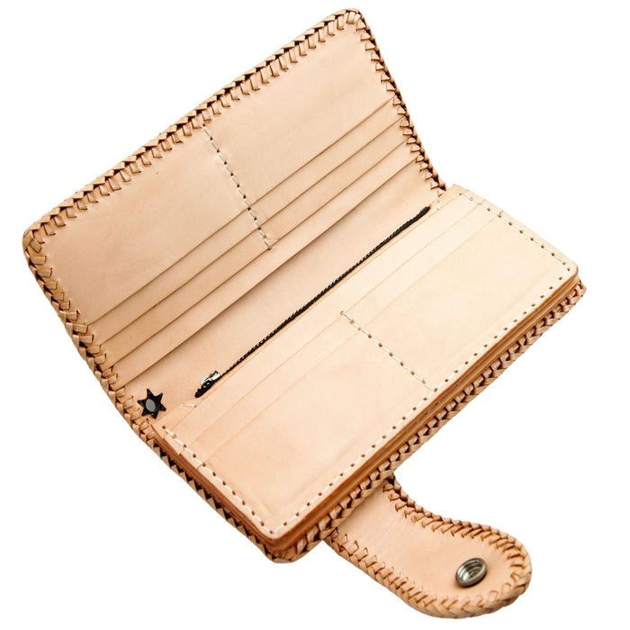The spacious interior of the leather long wallet, showing the ten card slots and zippered pocket.