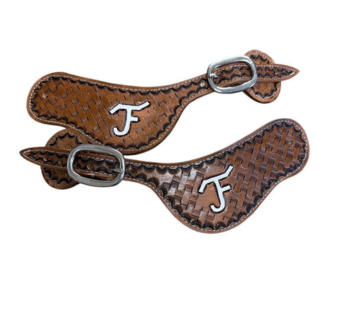 Hand tooled and painted Custom Brand spur straps basketweave.